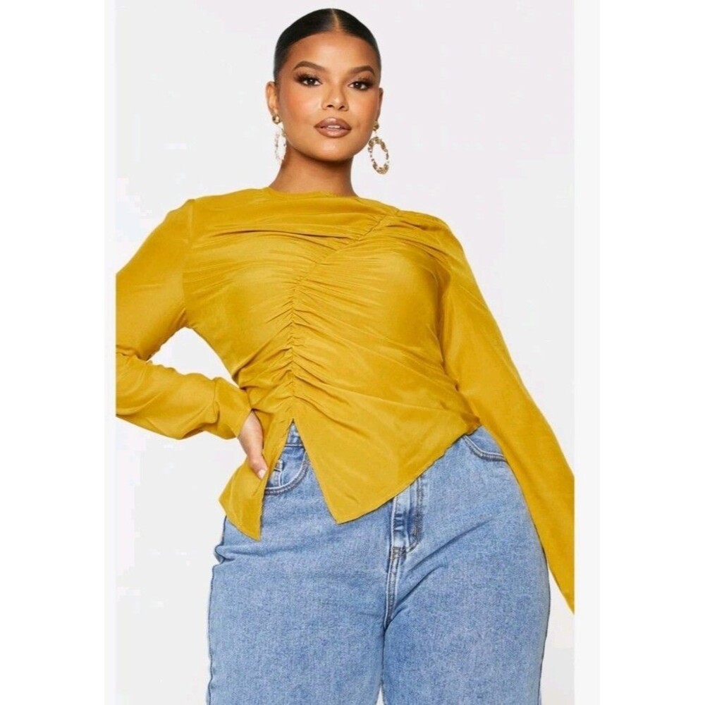 Pretty Little Thing Plus Chartreuse Ruched Front Blouse Size 20 NWT